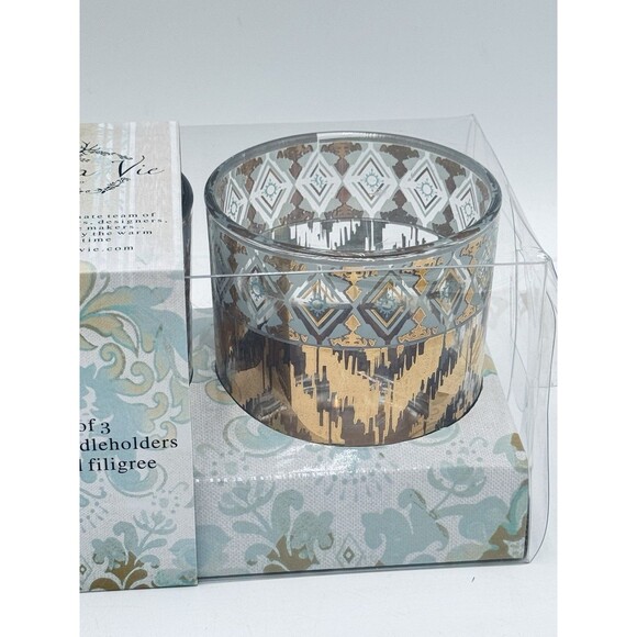 Patina Vie 18K Gold Filigree Set Of 3 Glass Candleholders New in Box - Picture 3 of 5